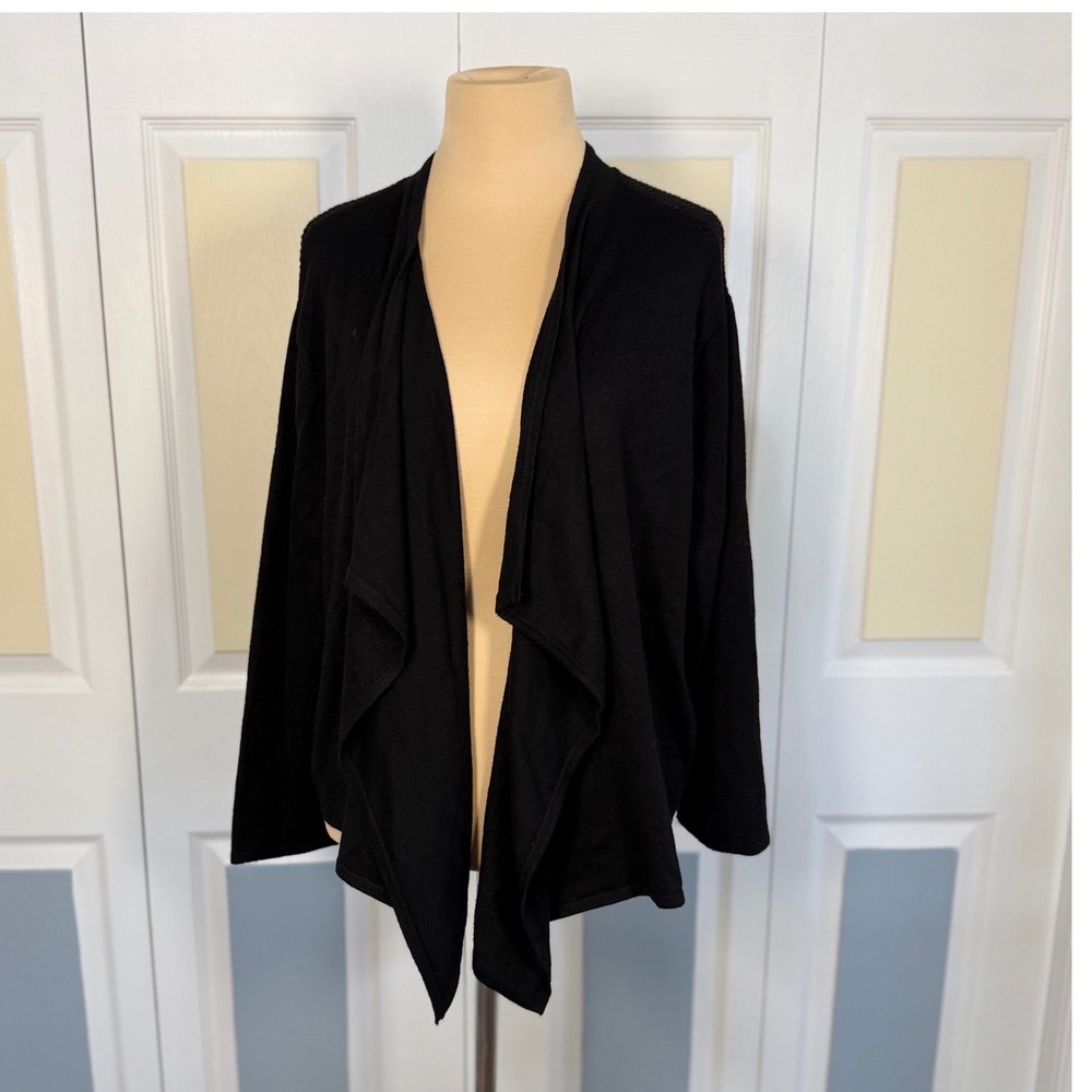 Carmen Marc Valvo Womens XL Black Draped Open Front Embroidered Mesh Cardigan